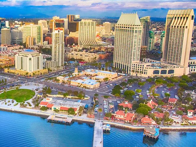 aerial image of downtown San Diego and Seaport Village