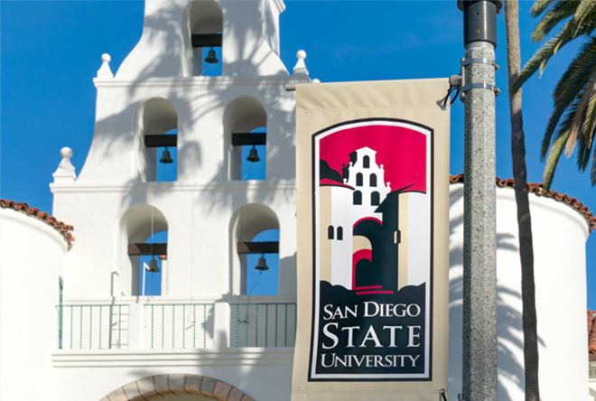 Exterior of San Diego State University building with signage