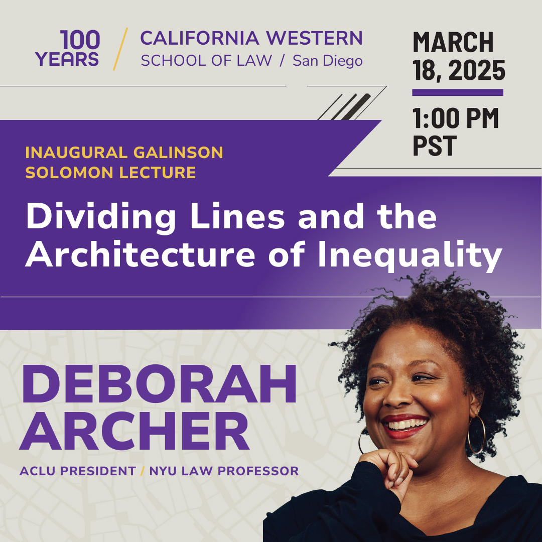 A gray and purple graphic with gold details and decorative lines features Deborah Archer's headshot. She wears a black blouse, red lipstick, gold hoops and smile as she looks into the distance. The graphic features all of the event details listed in the t