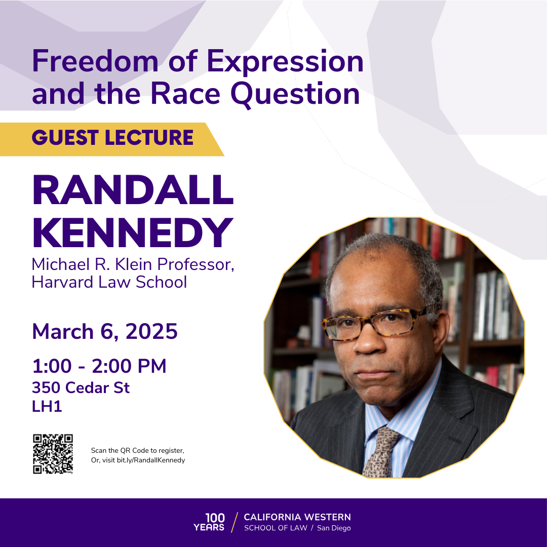 A purple and white graphic featuring Randall Kennedy's headshot reads "Freedom of Expression and the Race Question", "Guest Lecture", "Randall Kennedy Michael R. Klein Professor, Harvard Law School", March 6, 2025 at 1:00 PM. 