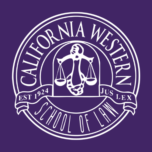 Purple background with the California Western School of Law Seal in white