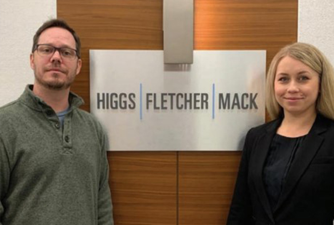 Irene Axsom with Supervising Attorney Jacob Spaid at Higgs Fletcher Mack 