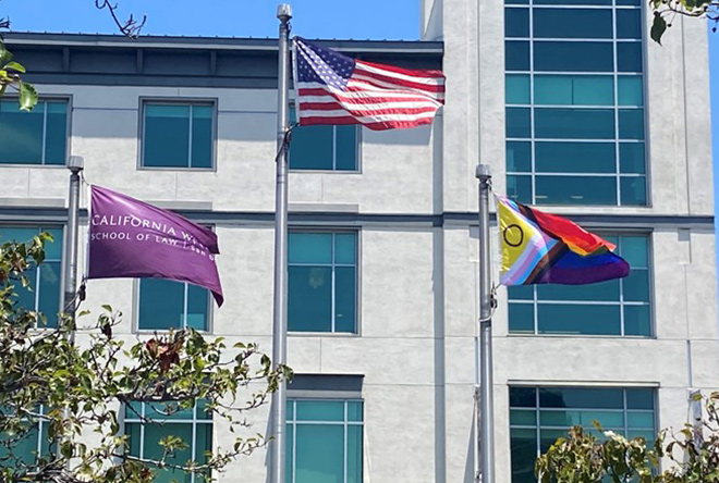 LGBTX+ flag flying with American and CWSL flags