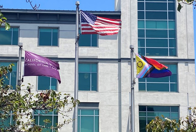 LGBTX+ flag flying with American and CWSL flags