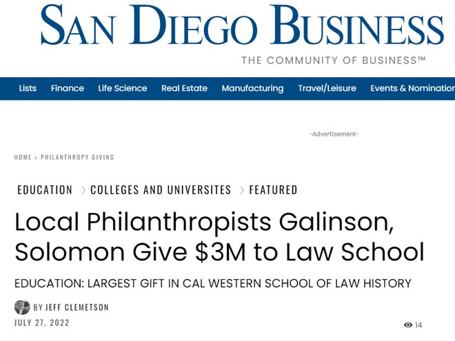 Screenshot of the San Diego Business Journal article on the gift