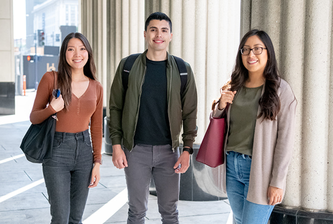 Three students outside the Hall of Justice in downtown San Diego