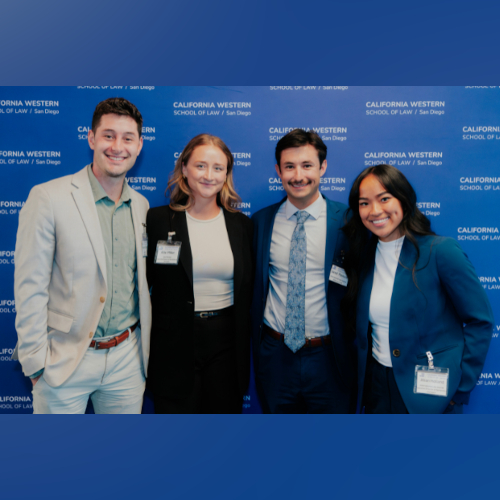 California Western Law Review and International Law Journal Executive Leadership (from left to right: Mitch McCarthy 3L, Allie Miller 3L, Jared Paulson 3L, and Jillian Holland Brown 3L), photo credits: Casey Manuel 2L