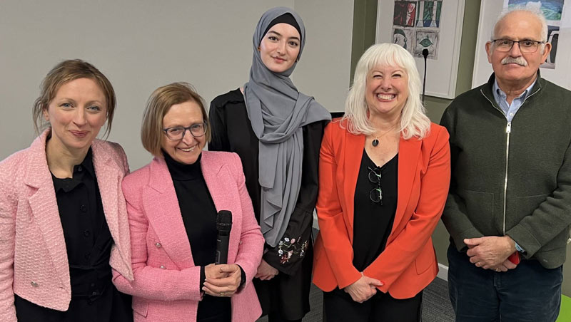 Left to right:  Malcolm's daughter Helen, wife Gill, Noor Mamdouh - first recipient of the Malcolm Sargeant scholarship, Vice Dean Susan Bisom-Rapp, and Professor David Lewis of Middlesex University. 