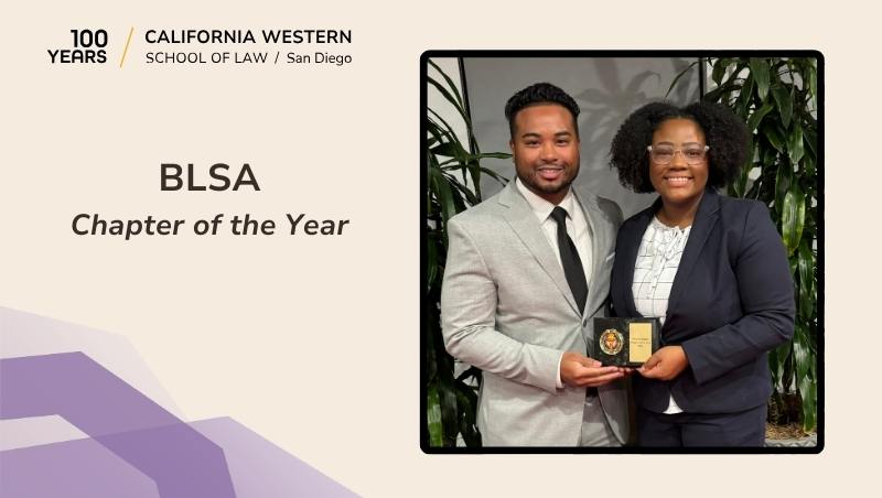 CWSL BLSA President LeBrian Mays receiving the Chapter of the Year award from WRBLSA Chair LeJeanne H.A. Shelton