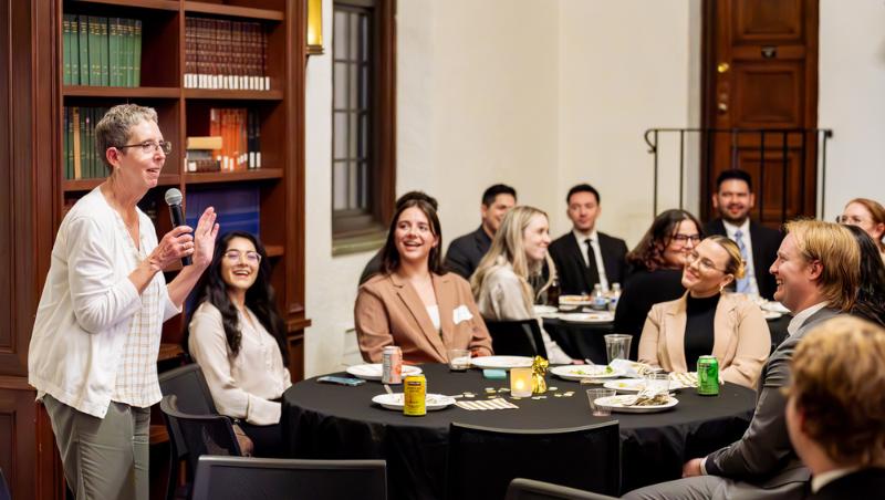 Legal Writing Professor Emeritus Roberta "Bobbie" Thyfault addresses students in CWSL's Competitive Advocacy Program at this year's CAP banquet.