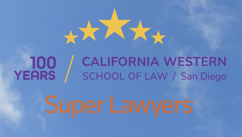 California Western School of Law centennial logo and Super Lawyers logo against blue sky.
