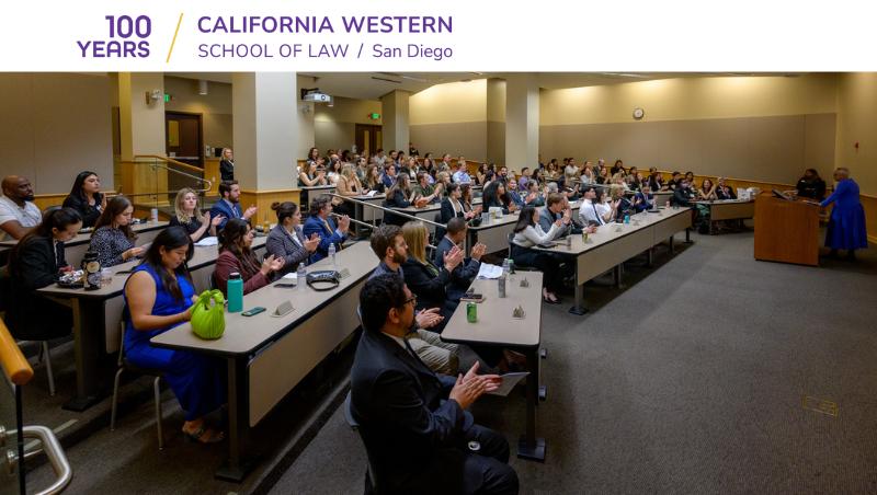 President and Dean Sean M. Scott address students, professors, and employers involved in pro bono and public service work through CWSL.