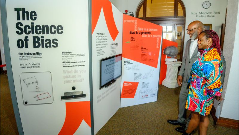Michael D. Washington '94, San Diego County Superior Court Judge, and Stephanie Washington explore "The Bias Inside Us" exhibit