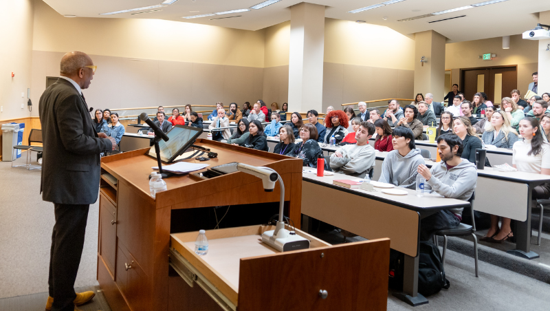 Randall Kennedy delivers his lecture to a full hall.
