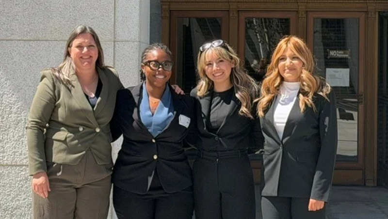 From left: CWIJC Executive Director Amy Kimpel, 3L Zenia Tolbert, 3L Susana Proo, and 3L Stacy Bustamante