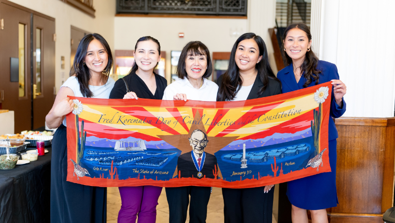 From left: Immediate Past President of APALSA 3L Janet Nguyen, JABA-SD Co-President Ashley Silverman, Dr. Karen Korematsu, Vice President of APALSA 2L Irisa Mehta, and 3L Co-President of APALSA Mackayla Wall