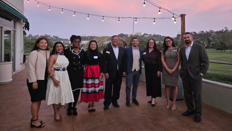 From left: 3L Tenzin Tsamchoe, Jasmin Divas Villeda ’26, 3L Naakoshi Imhotep, 1L Lorraine Mazzetti, Associate Director of Student Affairs Jeff Chin, Assistant Director of Employment Reporting and Graduate Advising Austin Lucas, Hon. Devon Lomayesva ’99, Mehry Moseni ’15, Liam Vavasour ’14