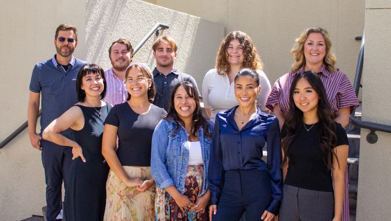 New Media Rights Executive Director Art Neill (back left) and Assistant Director Erika Lee (back right) with the Fall 2026 cohort of clinic students.