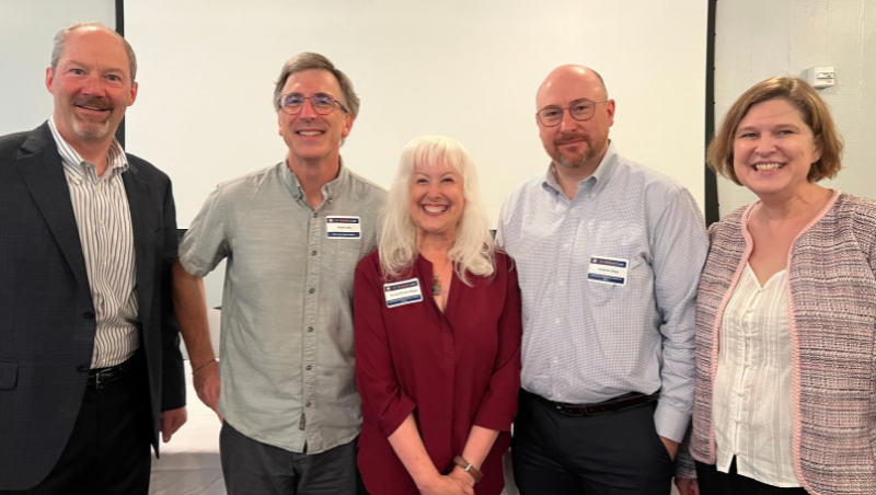 Professor Susian Bisom-Rapp (center) with colleagues (from left) Professors Tim Glynn (Seton Hall University), Noah Zatz (UCLA), Andrew Ziaja (University of Baltimore), Ariana Levinson (University of Louisville), who spoke on the panel “Rebuilding Collective Power: Strikes, Shops, and Solidarity.”