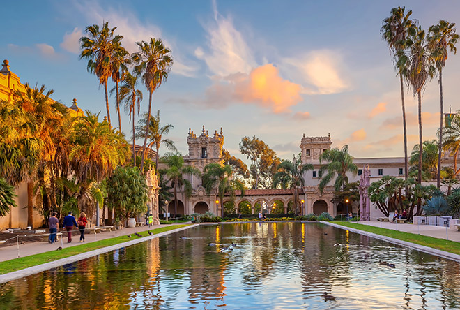 pond outside of Balboa Park at sunset