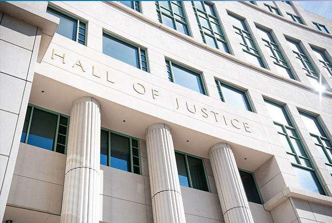 exterior or the Hall of Justice building in downtown San Diego