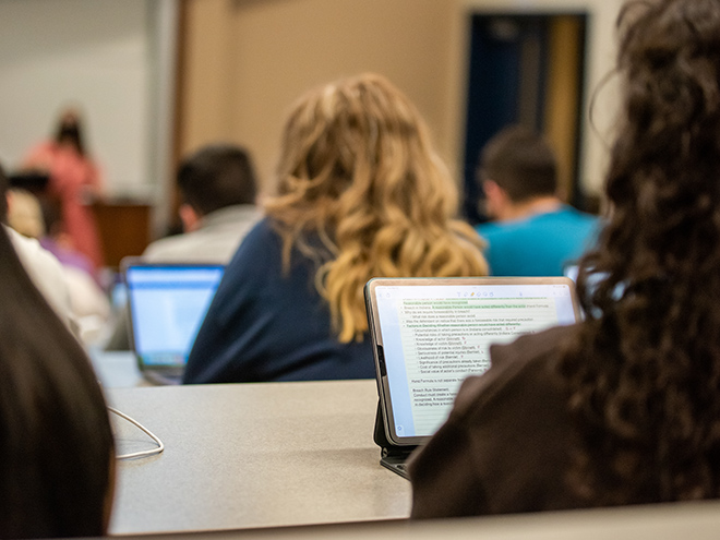 Student taking notes on laptop during a lecture