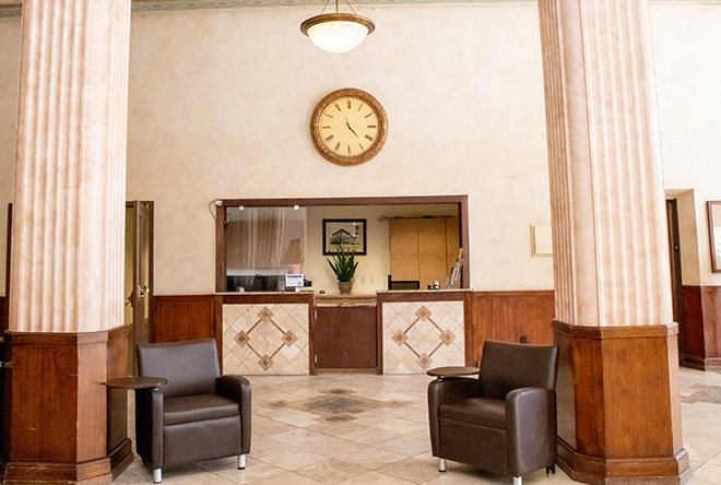 Security desk inside classroom building at California Western